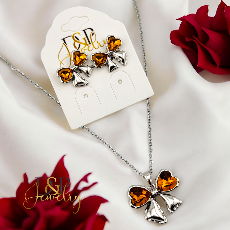 14K WOMAN SILVER AMBER BOW FASHION NECKLACE SET N255