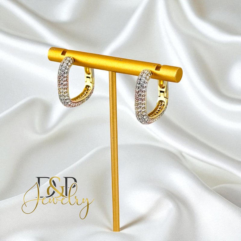 14K GOLD /WHITE STONE SQUARE HOOP EARRING HP745
