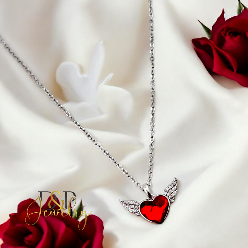 14K WOMAN SILVER RED WING HEART FASHION NECKLACE N252