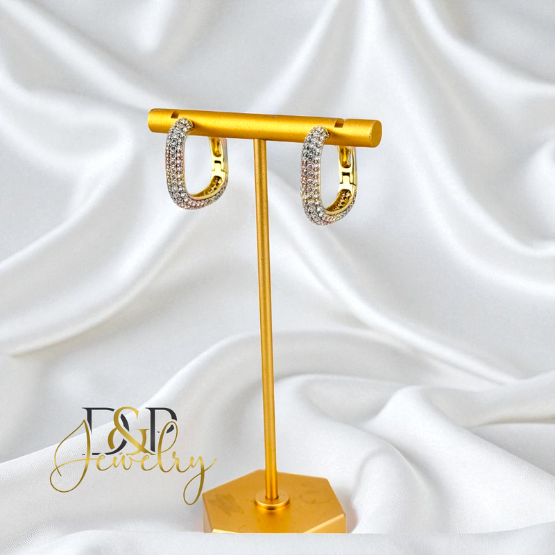 14K GOLD /WHITE STONE SQUARE HOOP EARRING HP745