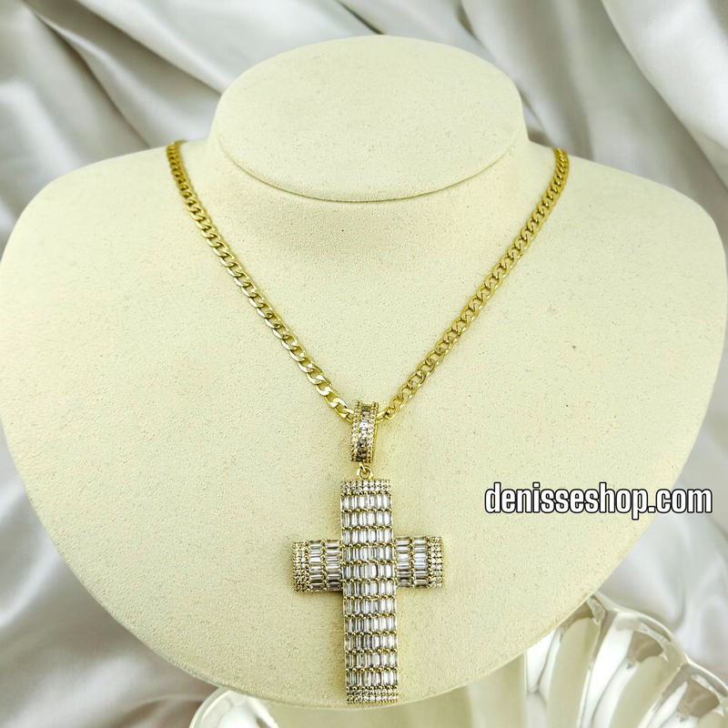 14K GOLD /  WHITE STONE SHINY CROSS NECKLACE  SET N43