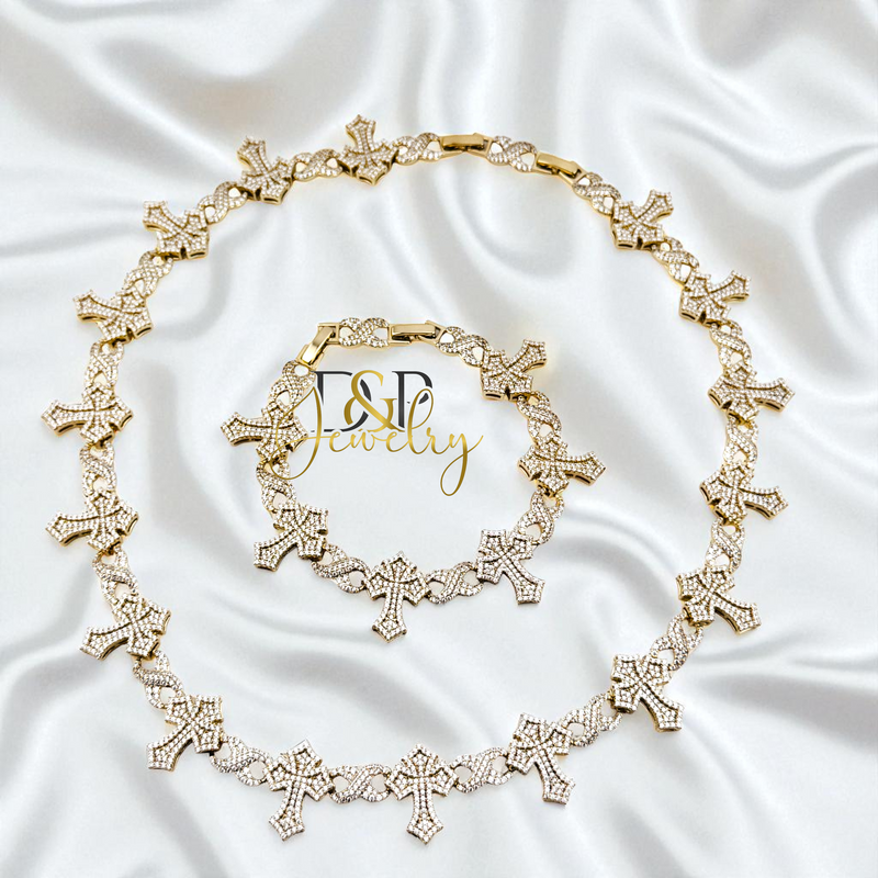 14K GOLD /BLING CROSS LINK NECKLACE SET N294