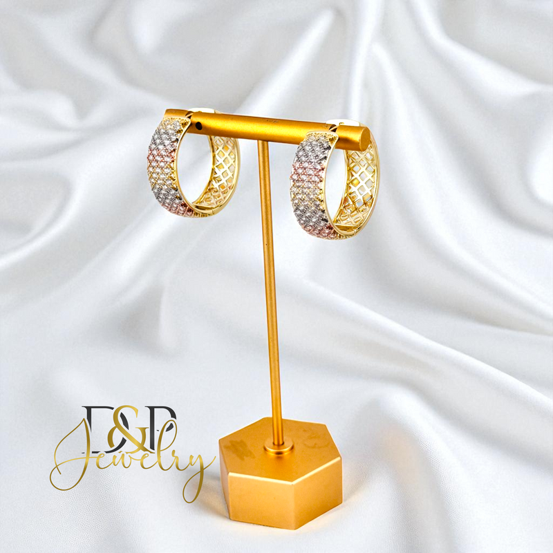 14K GOLD/WHITE STONE FASHION MEDIUM  HOOP EARRING HP749