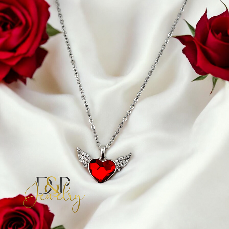 14K WOMAN SILVER RED WING HEART FASHION NECKLACE N252