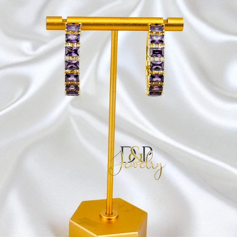 14K GOLD /LONG COLOR STONES HOOP 2 VARIANT EARRING HP817