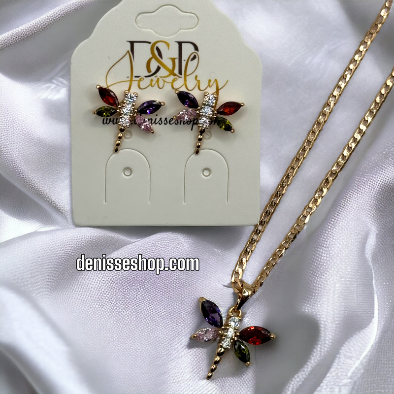 14K COLORFUL DRAGONFLY NECKLACE SET C1159