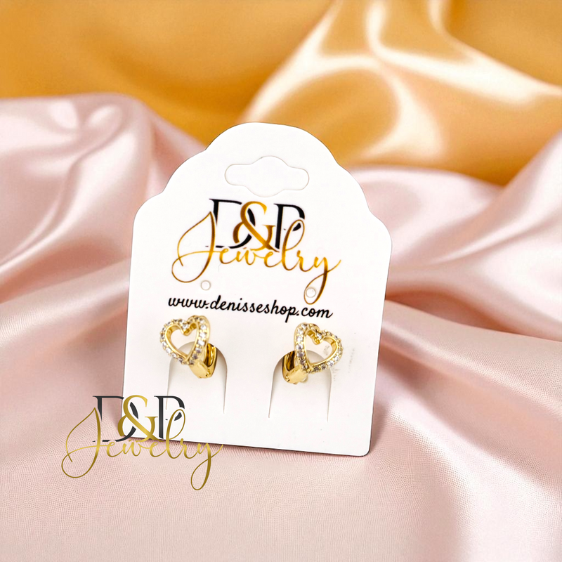 14K GOLD SMALL  HART WHITE STONES HOOP EARRING HP737