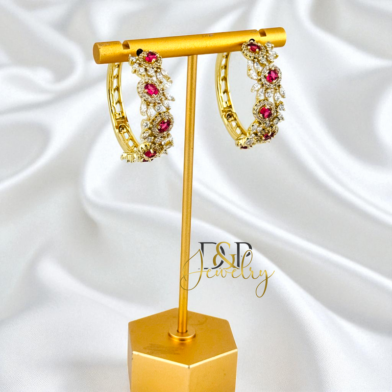 14K GOLD /LONG COLOR STONES 3 VARIANTS HOOP EARRING HP814