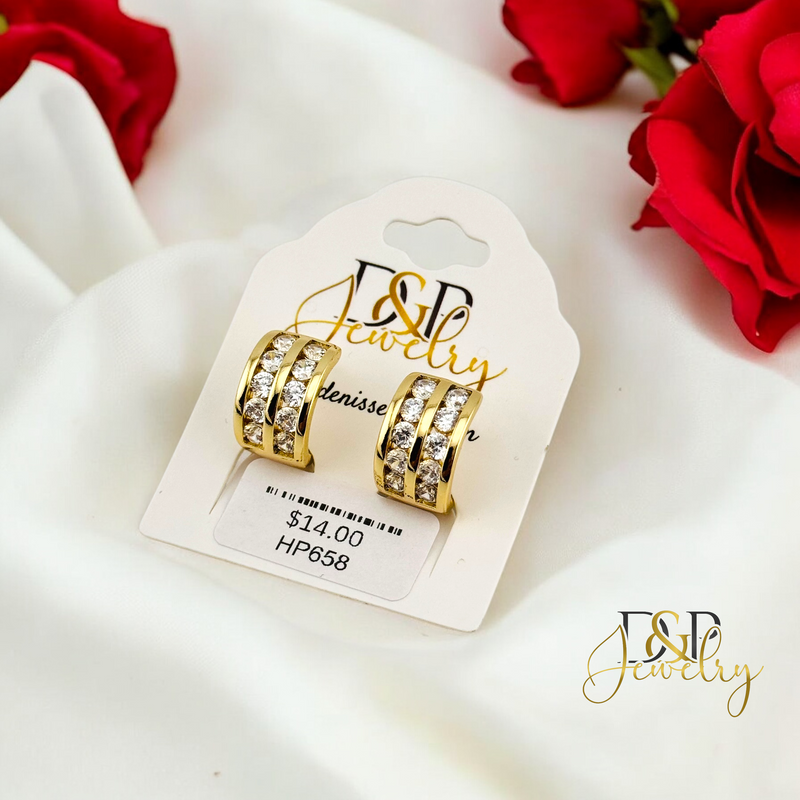 14K WHITE STONES SHORT HOOP EARRING HP658