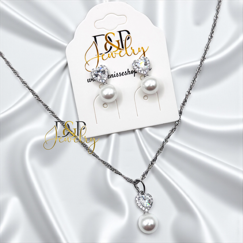 14K SILVER PEARL HEART NECKLACE SET N290