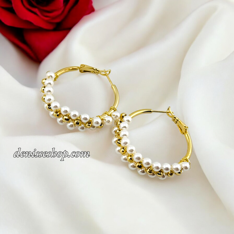 14K LOVELY PEARL GOLD HOOPS HP621