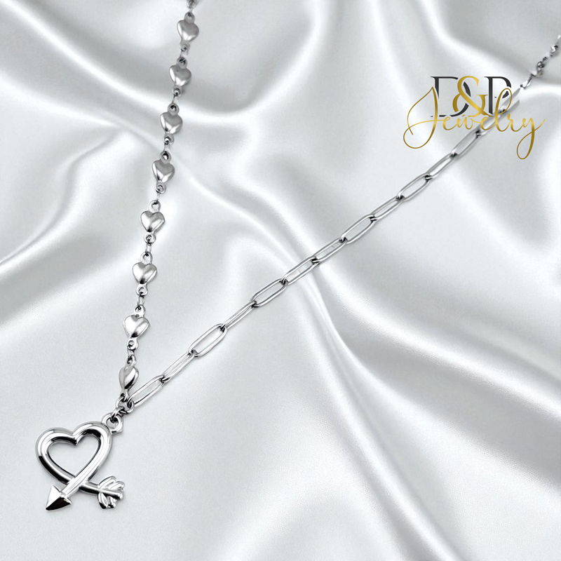 14K SILVER/ PAPER CLIP/ HEARTS NECKLACE N297