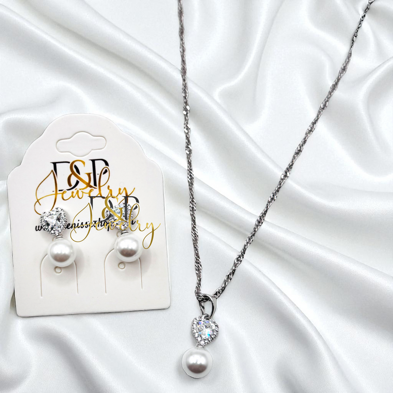 14K SILVER PEARL HEART NECKLACE SET N290