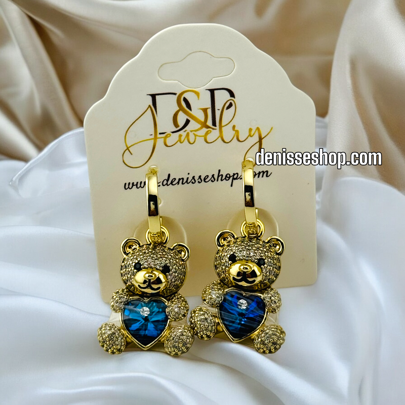 14K GOLD / BLUE STONE BEAR  EARRING E685