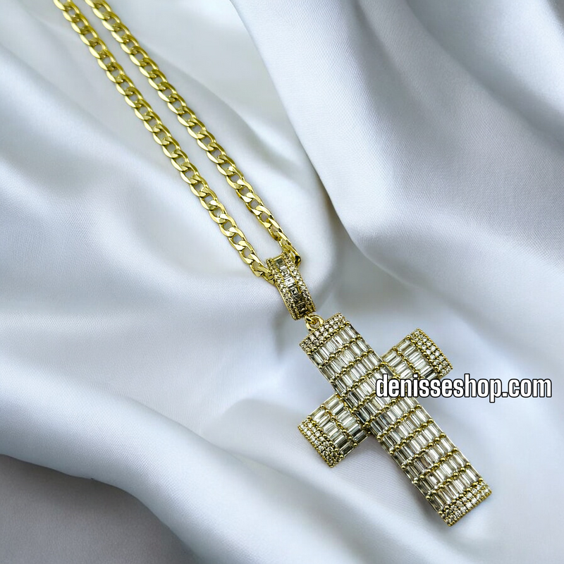 14K GOLD /  WHITE STONE SHINY CROSS NECKLACE  SET N43