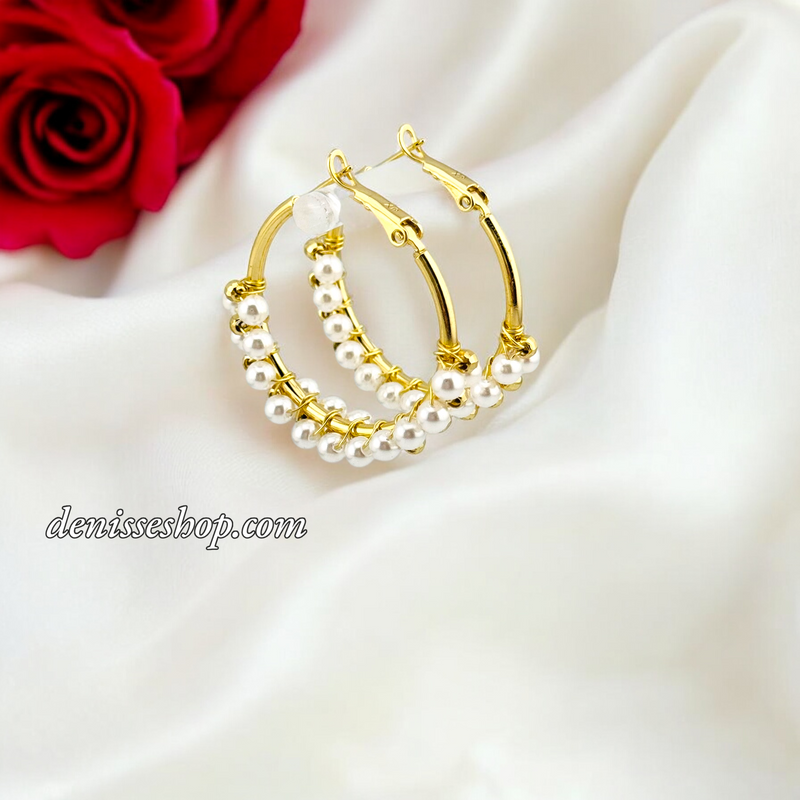 14K LOVELY PEARL GOLD HOOPS HP621