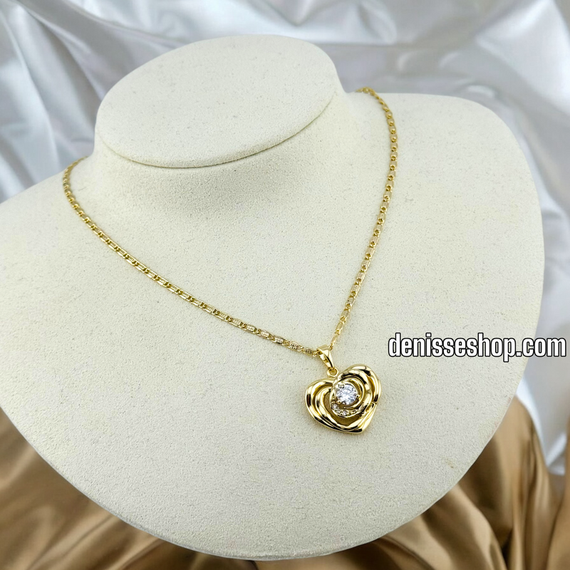 14K GOLD / WHITE STONE ROSE HEART PENDANT P494