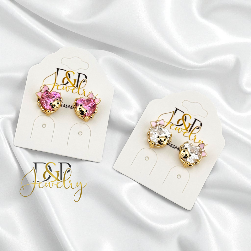 14K GOLD/HEART STONE/CHARMS 2VARIANTS STUD EARRING E1024