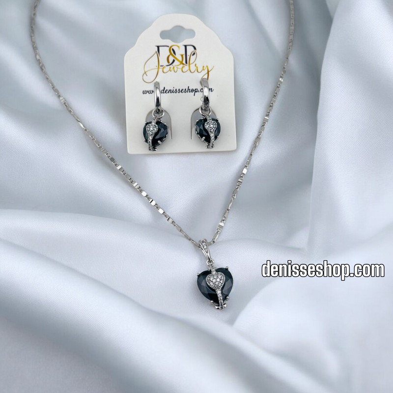 FASHION SILVER BLACK HEART NECKLACE SET N228