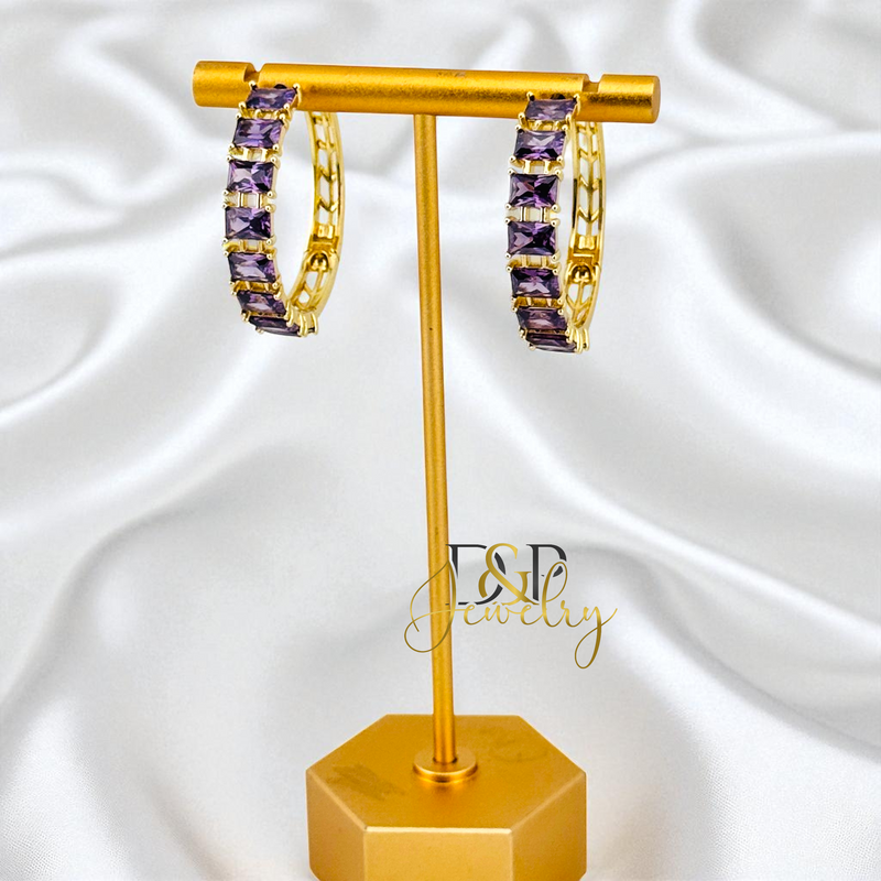 14K GOLD /LONG COLOR STONES HOOP 2 VARIANT EARRING HP817