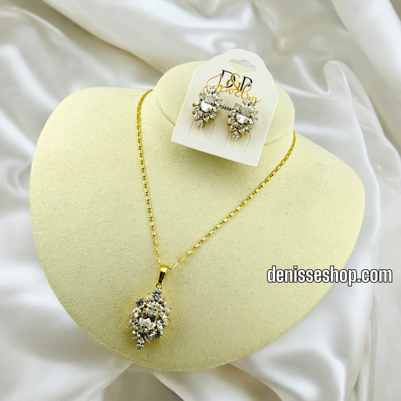 14K GOLD /  WHITE STONE NECKLACE AND EARRING SET N42