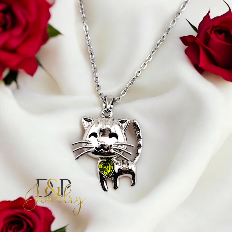 14K WOMAN SILVER GREEN CAT FASHION NECKLACE N250