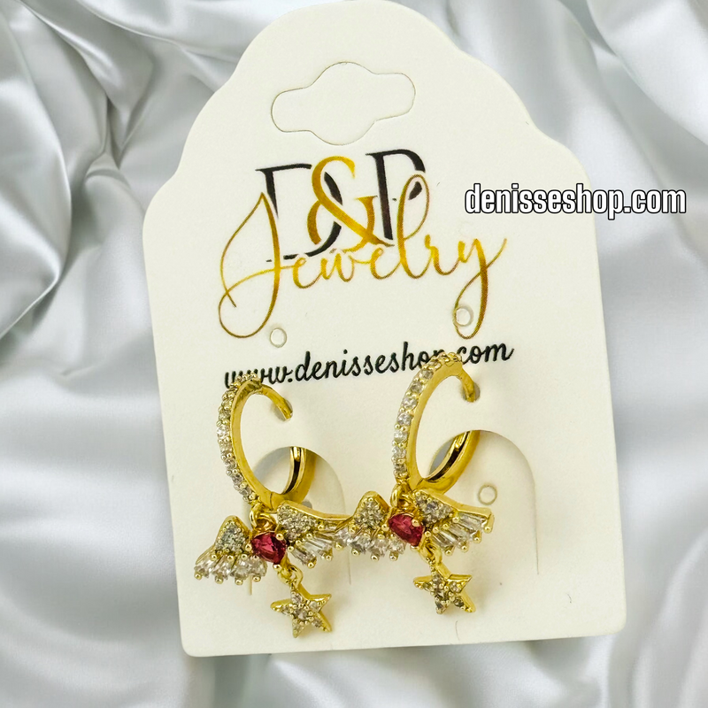 14K GOLD /WHITE / PINK STONE WINGS HOOP EARRING HP492