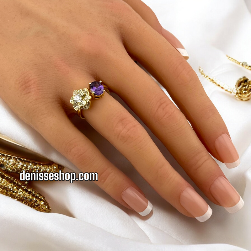 14K ADJUSTABLE FLOWER PURPLE STONE RING RG217