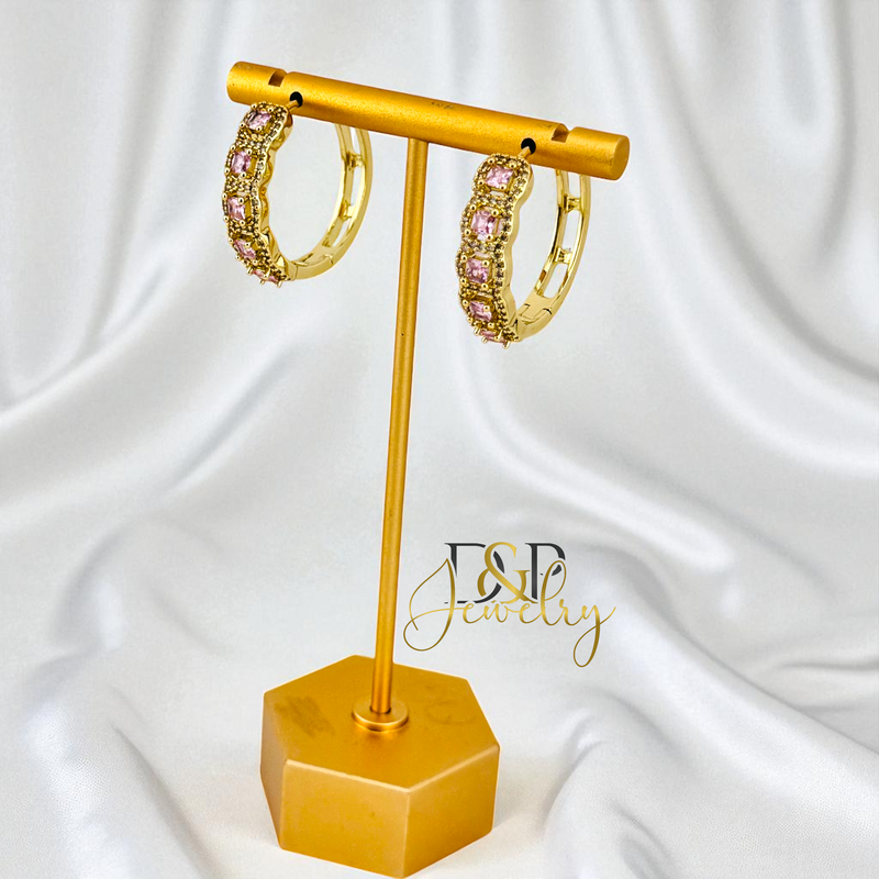 14K GOLD /LONG COLOR STONES 3 VARIANT HOOP EARRING HP824