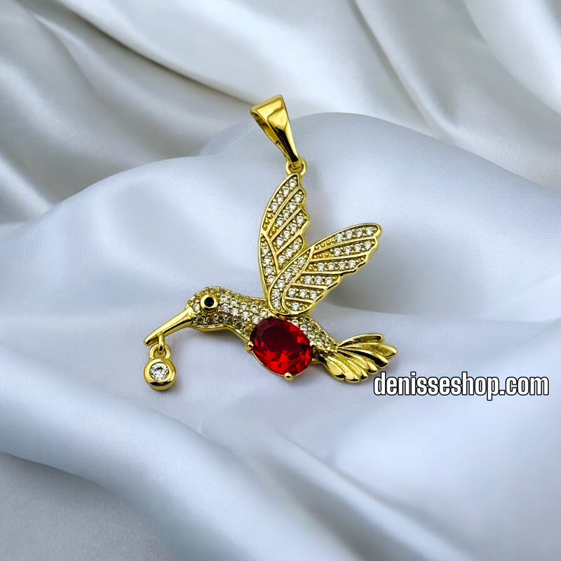 14K GOLD / WHITE/ RED STONE BIRD PENDANT P490