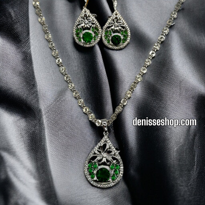 FASHION SILVER GREEN STONE NECKLACE SET C1140