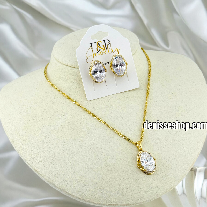 14K GOLD /  WHITE STONE NECKLACE AND EARRING SET N44