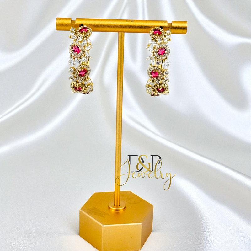 14K GOLD /LONG COLOR STONES 3 VARIANTS HOOP EARRING HP814