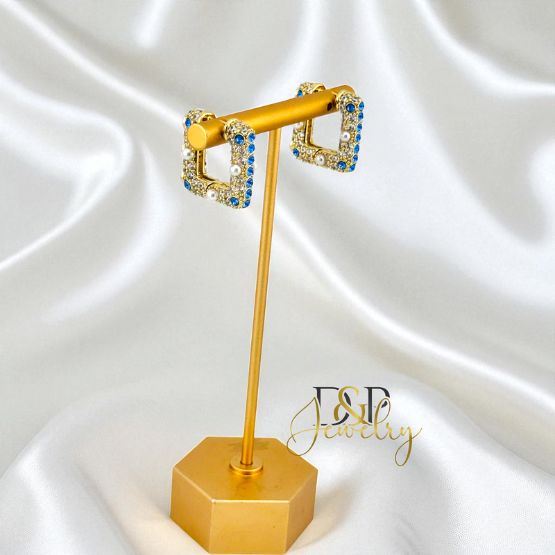 14K GOLD /FANCY SQUARED SHAPE 2 VARIANTS STONES HOOP EARRING HP823
