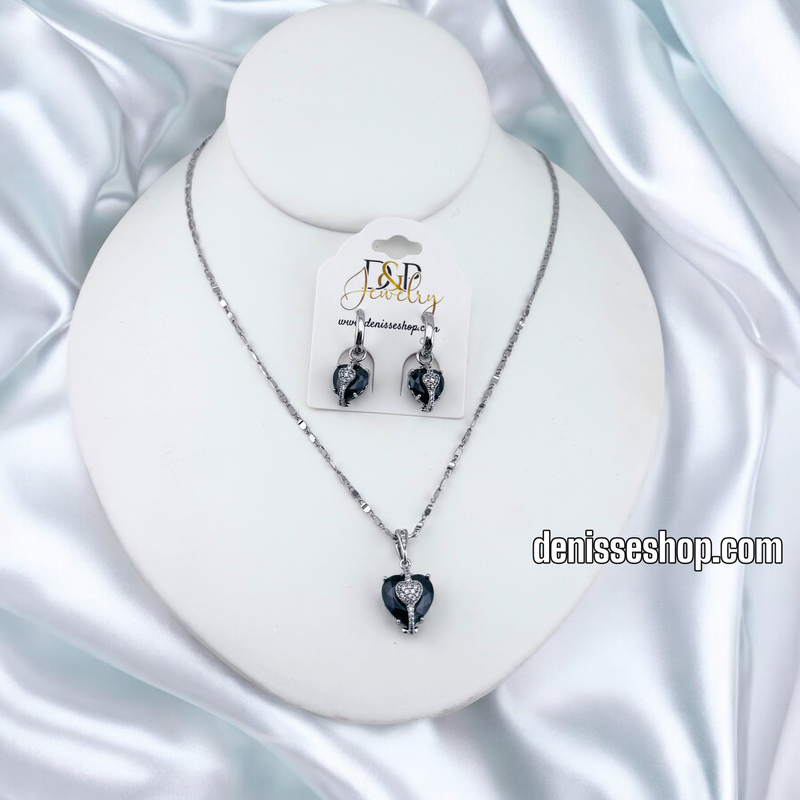 FASHION SILVER BLACK HEART NECKLACE SET N228