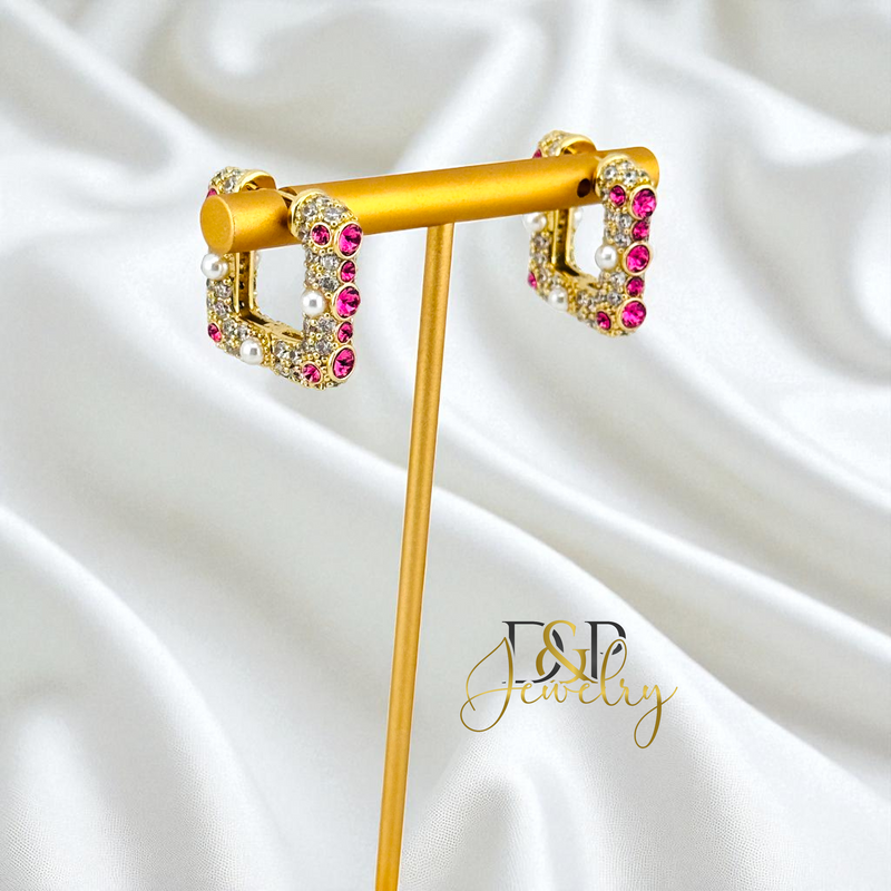 14K GOLD /FANCY SQUARED SHAPE 2 VARIANTS STONES HOOP EARRING HP823