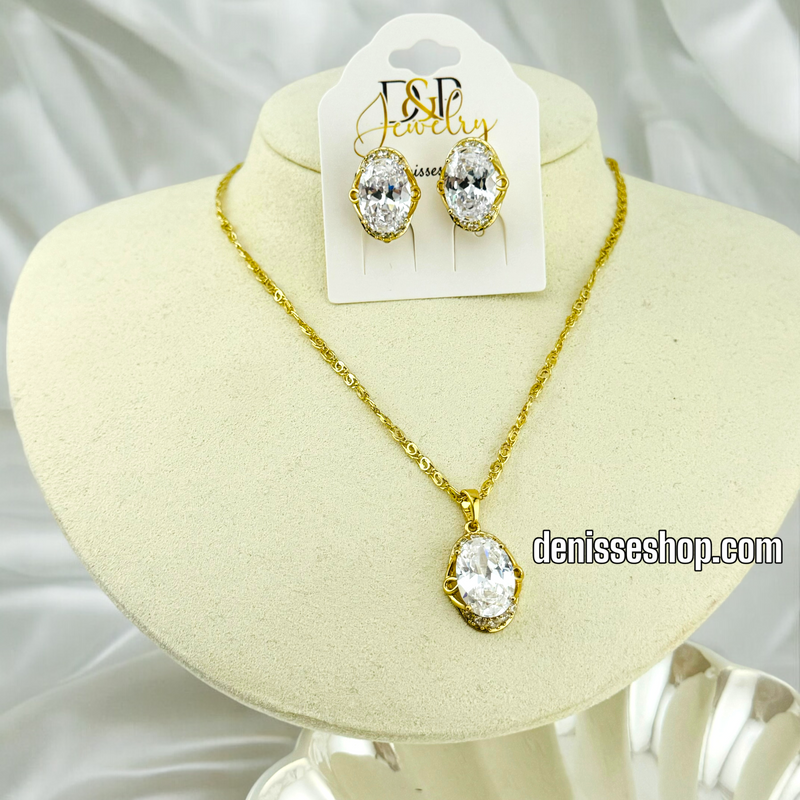 14K GOLD /  WHITE STONE NECKLACE AND EARRING SET N44