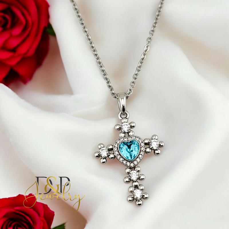 14K WOMAN SILVER BLUE CROSS FASHION NECKLACE N254