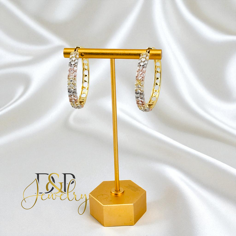 14K TRICOLOR WHITE STONE LONG  HOOP EARRING HP751