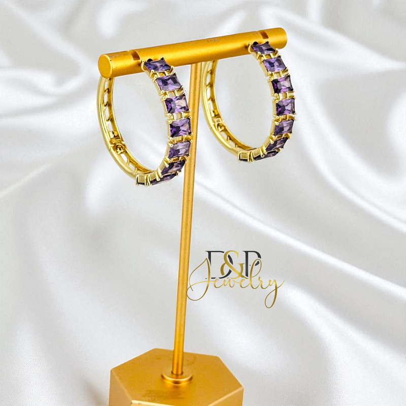 14K GOLD /LONG COLOR STONES HOOP 2 VARIANT EARRING HP817