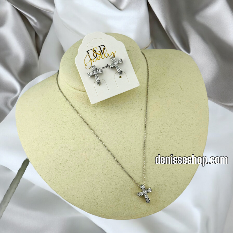 SILVER / WOMEN WHITE STONE CROSS NECKLACE N146