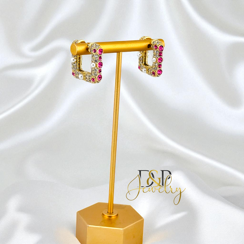 14K GOLD /FANCY SQUARED SHAPE 2 VARIANTS STONES HOOP EARRING HP823