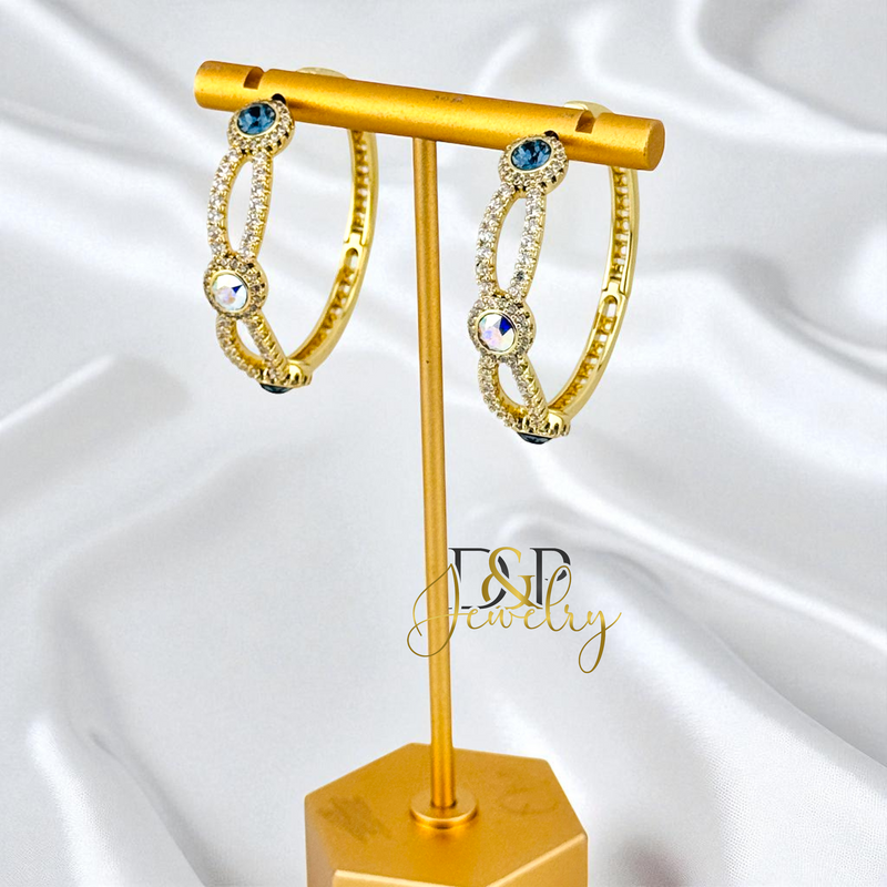 14K GOLD /LONG COLOR  STONES 3 VARIANTS HOOP EARRING HP826