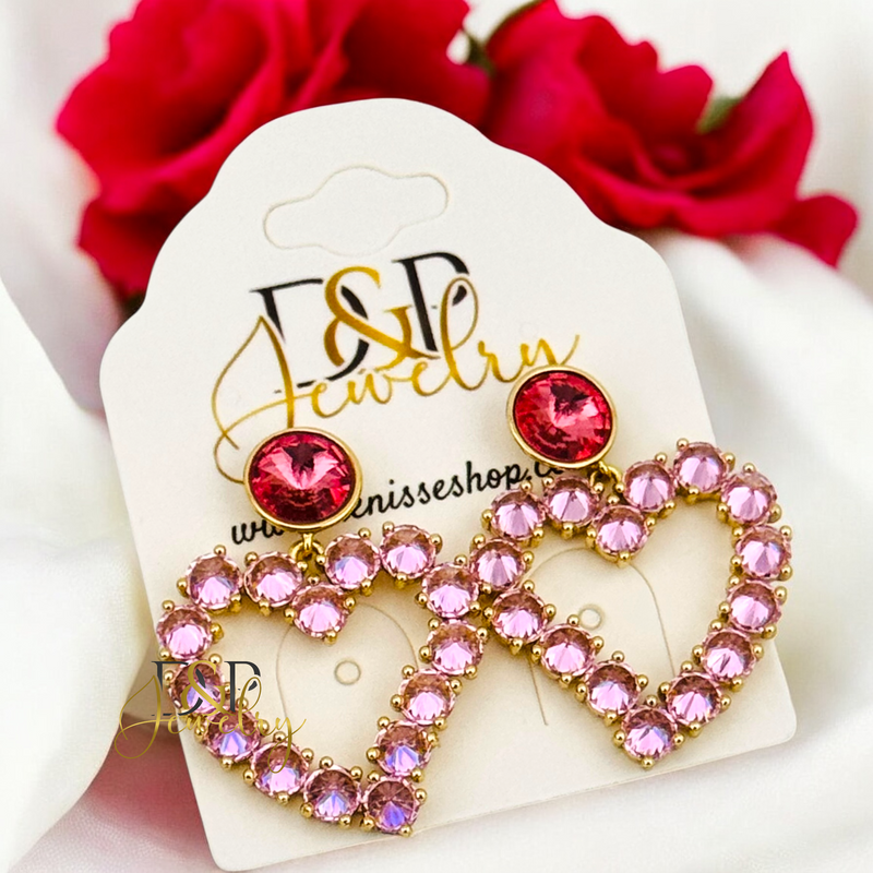 14K PINK STONES HEART EARRING E880