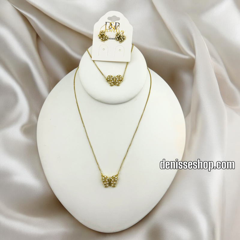 14K BUTTERFLY WHITE STONE NECKLACE SET 18&