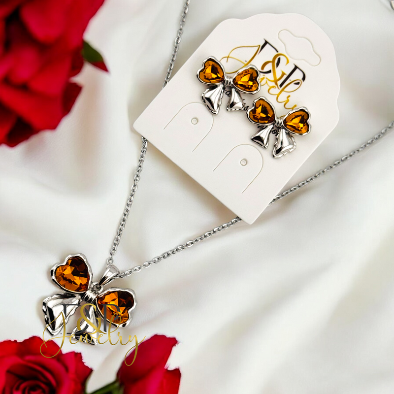 14K WOMAN SILVER AMBER BOW FASHION NECKLACE SET N255