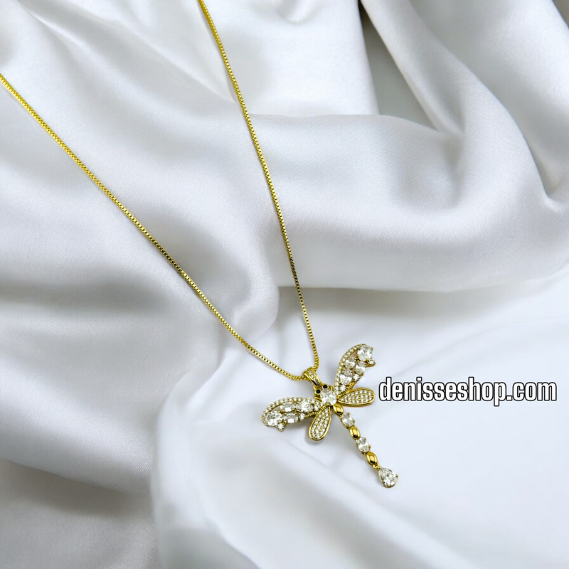 14K GOLD /  WHITE STONE DRAGONFLY NECKLACE  SET N48