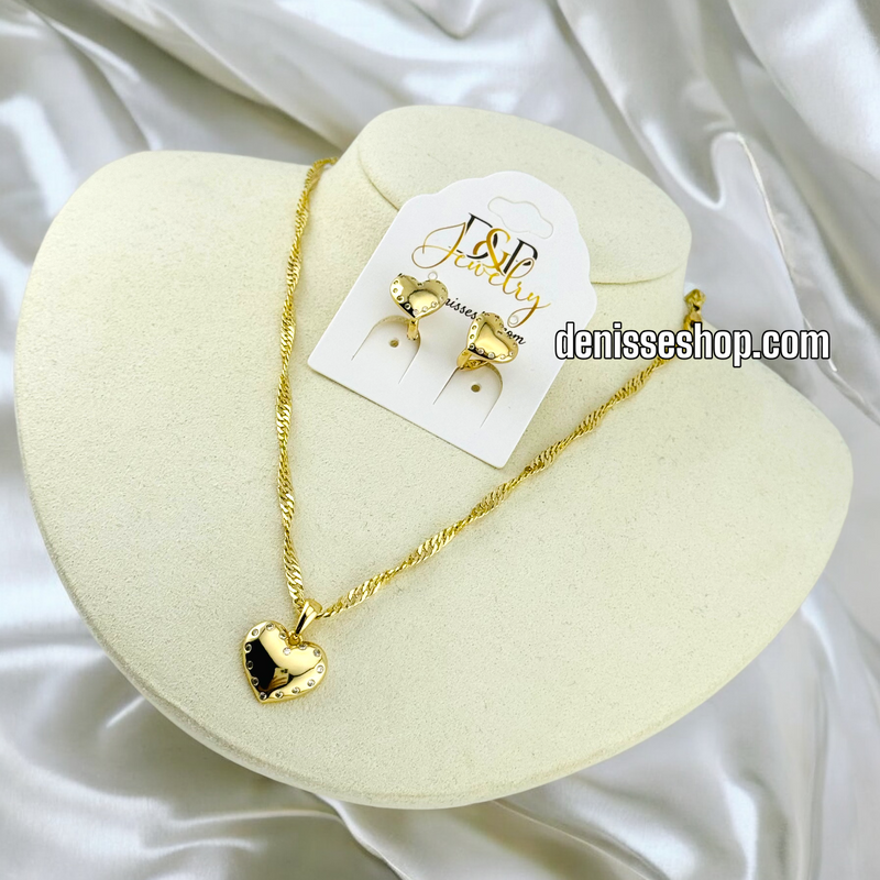 14K WOMEN/GIRL WHITE SPARKLE HEART NECKLACE / EARRING SET N54