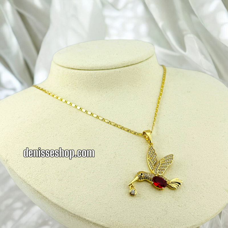 14K GOLD / WHITE/ RED STONE BIRD PENDANT P490