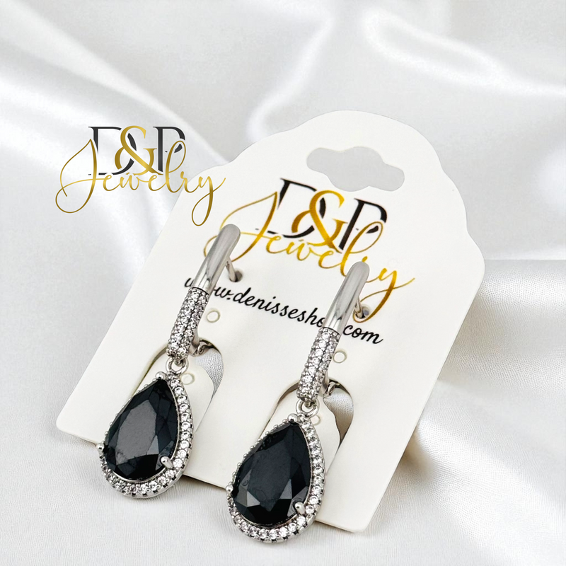 14K SILVER BLACK DROP STONE HUGGIE EARRINGS E950